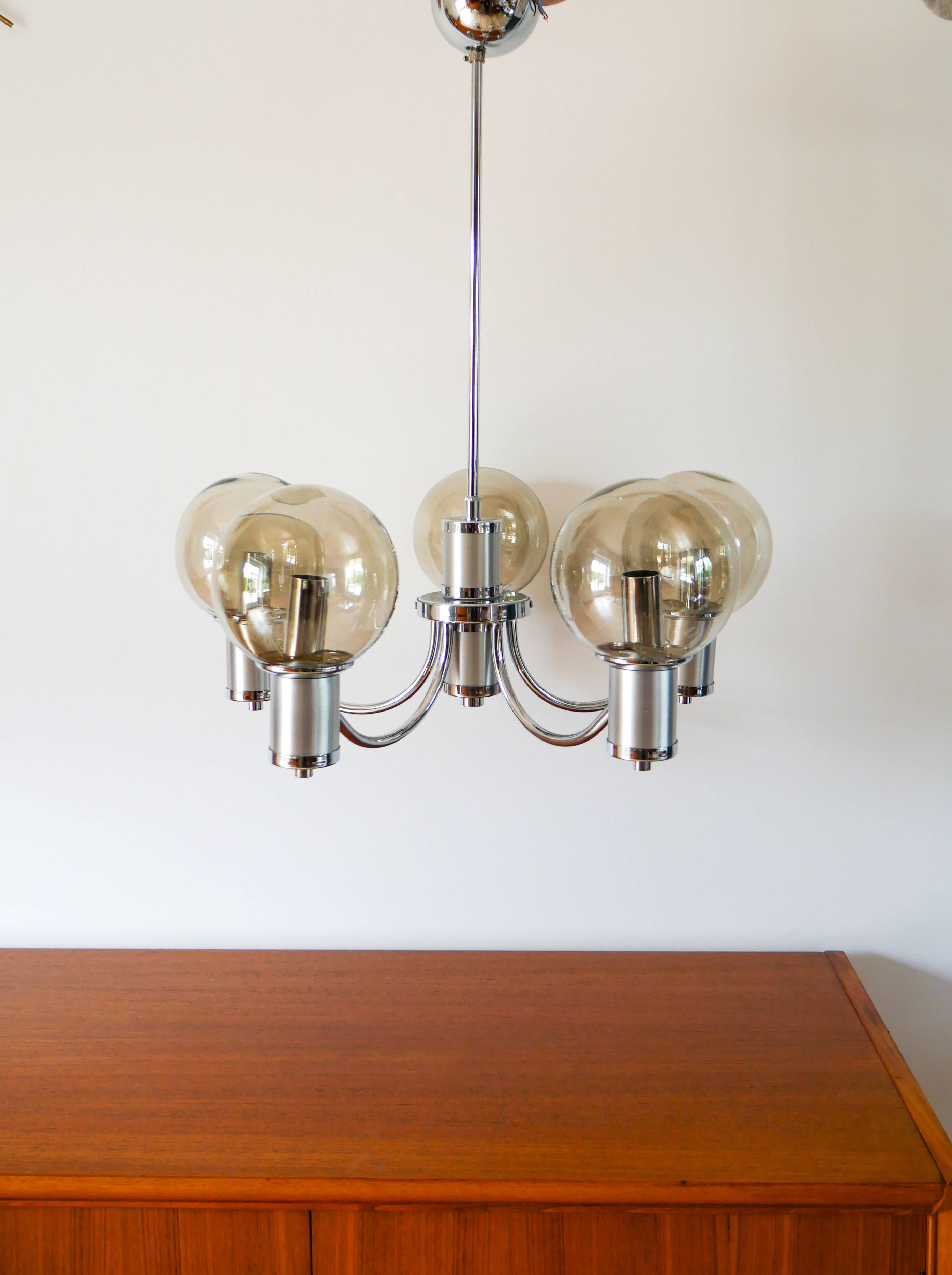 Five-branched chandelier, in chrome and smoked glass globes, Design, 1970