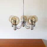 Five-branched chandelier, in chrome and smoked glass globes, Design, 1970