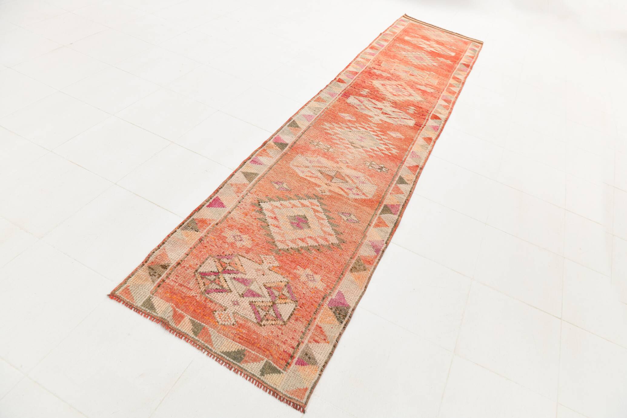 3x13 Faded Somon Distressed Hanmade Rug, Vintage Turkish Runner, 84x390Cm