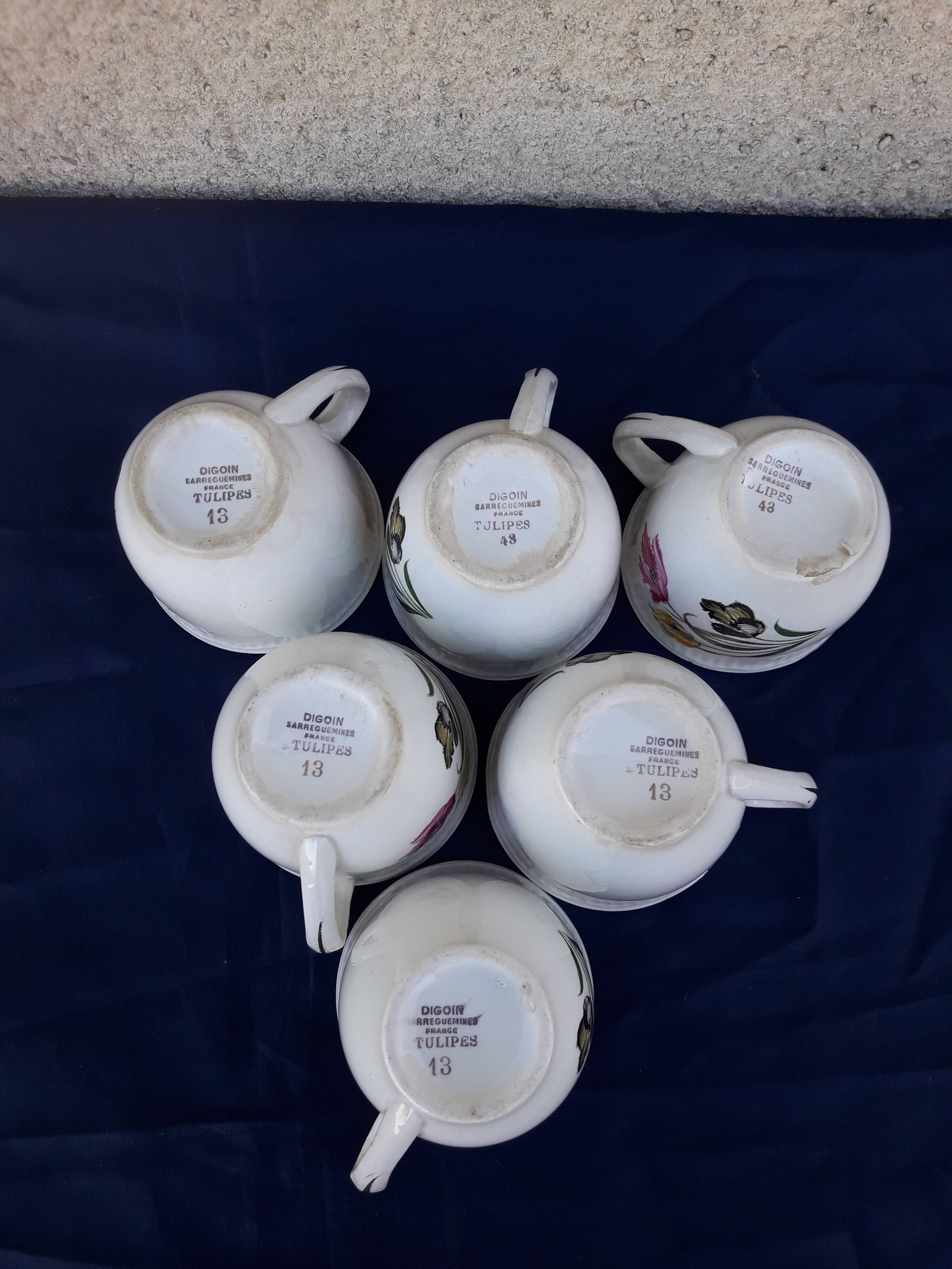 6 cups earthenware Digoin Sarreguemines tulip model No.13
