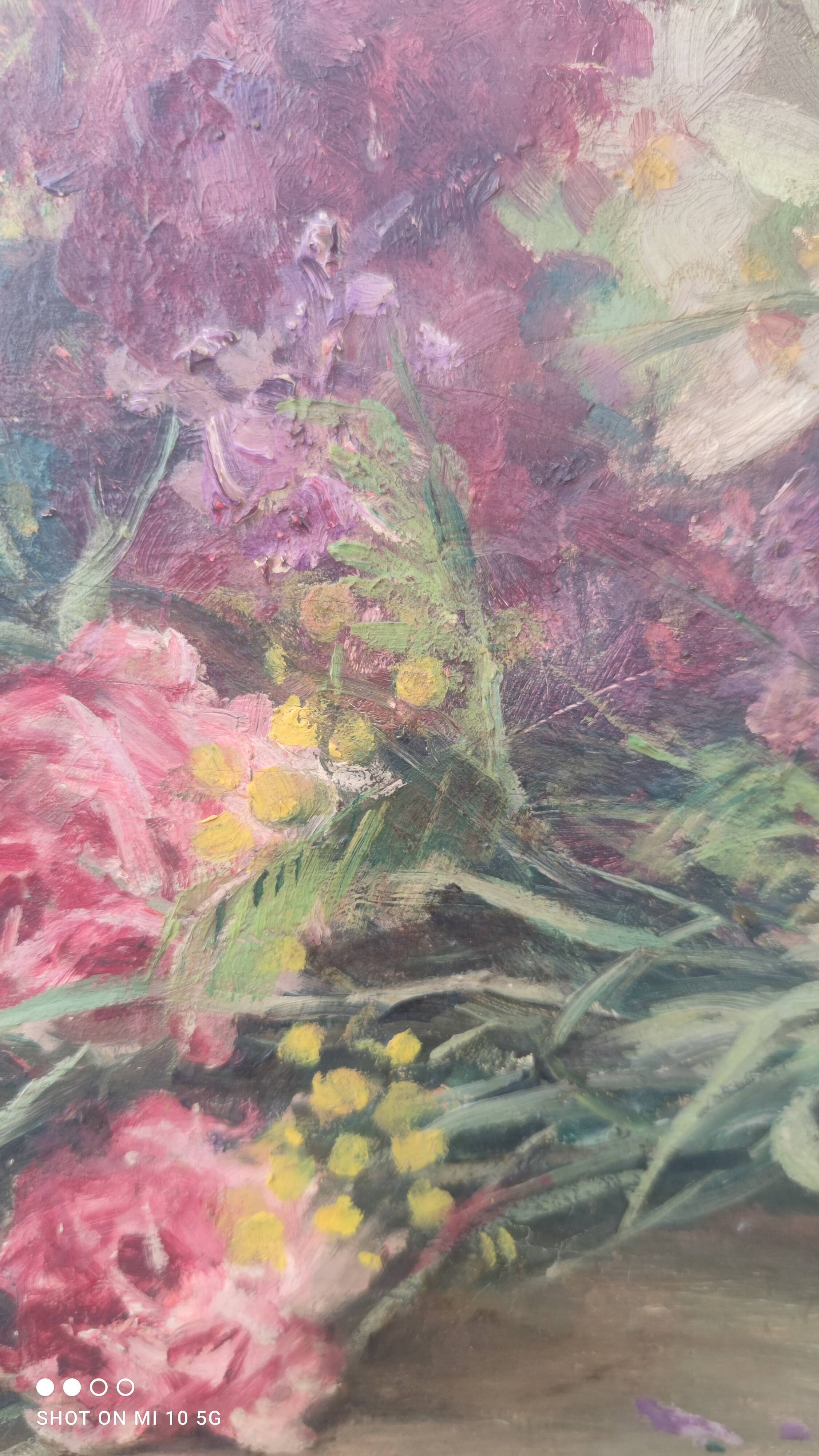 Elliptical table still life bouquet of flowers oil on wood by Lillie Honnorat