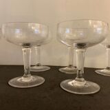 6 champagne glasses in antique glass, blown and engraved