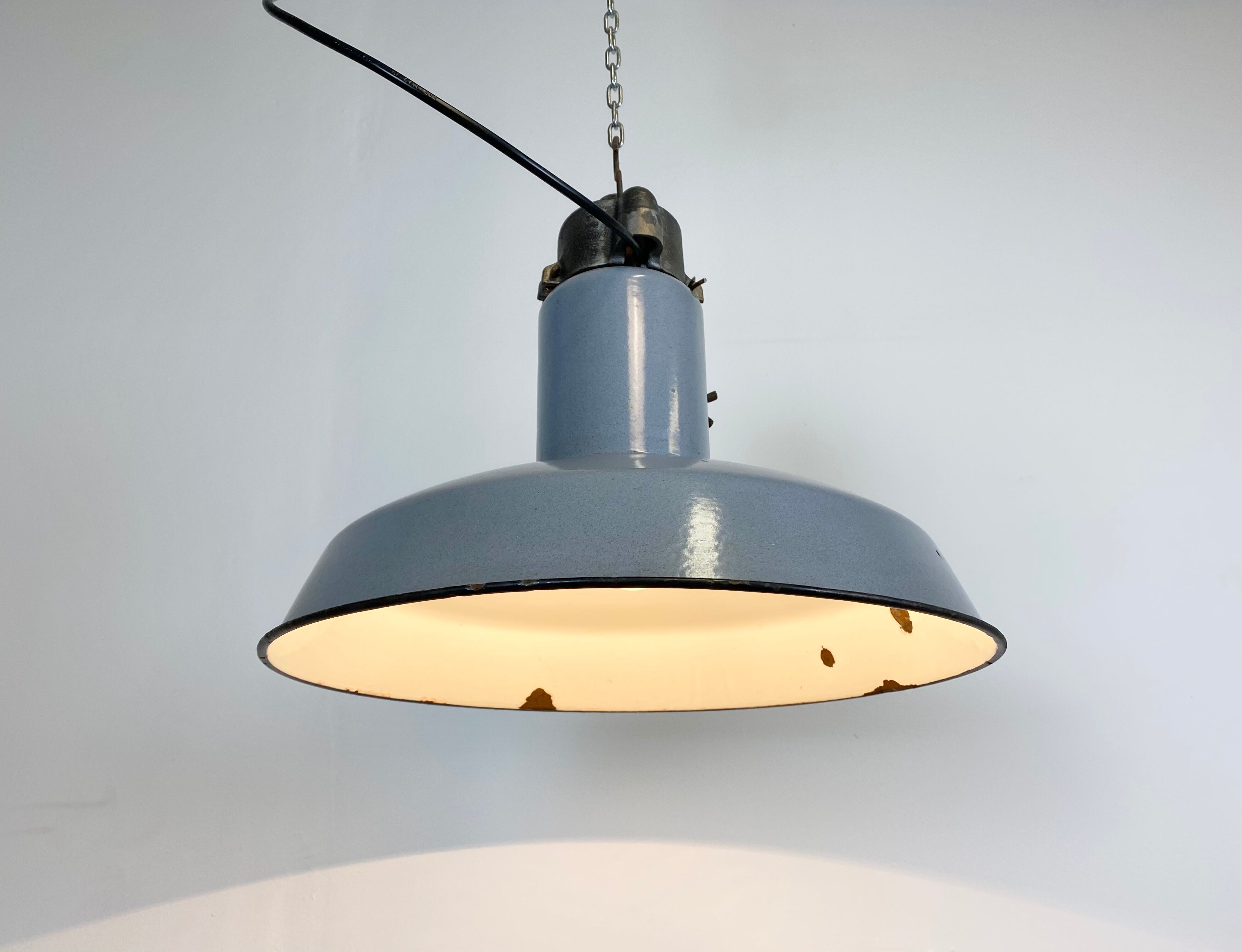 Midcentury grey enamel industrial ceiling lamp, 1950s