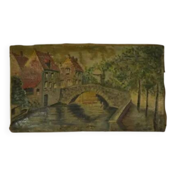 Tableau huile sur toile art populaire Bruges XXème 1960