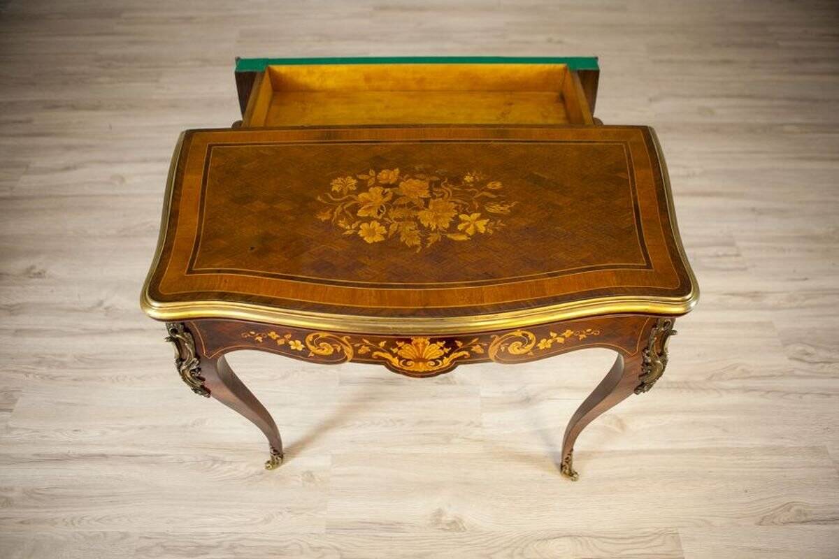 19th Century Inlaid Card Table Lined with Green Fabric