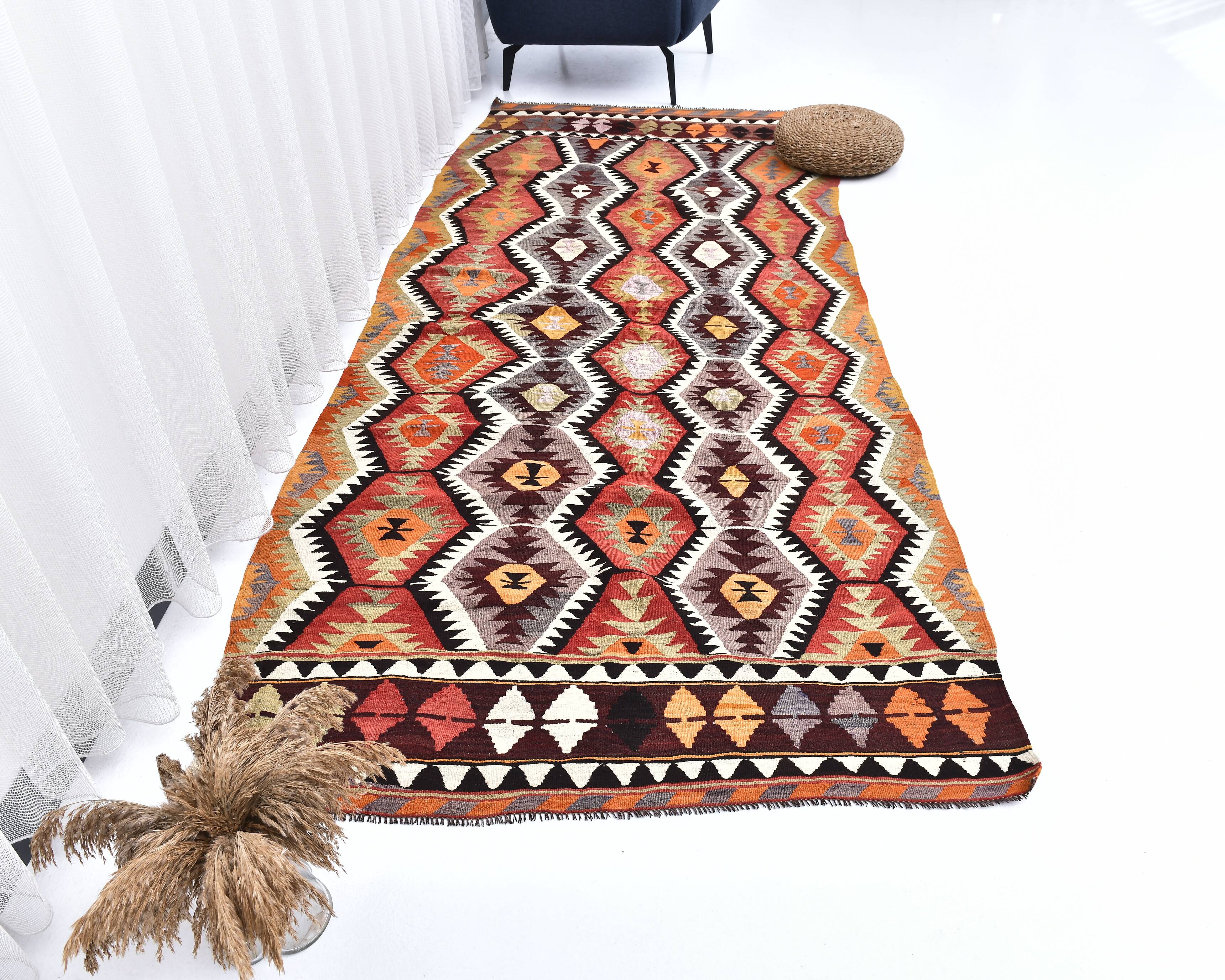 4x10 Red Green Tribal Kilim Rug 130x295Cm