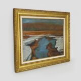 Abstract oil on canvas signed in its gilded wooden frame. 60s 70s