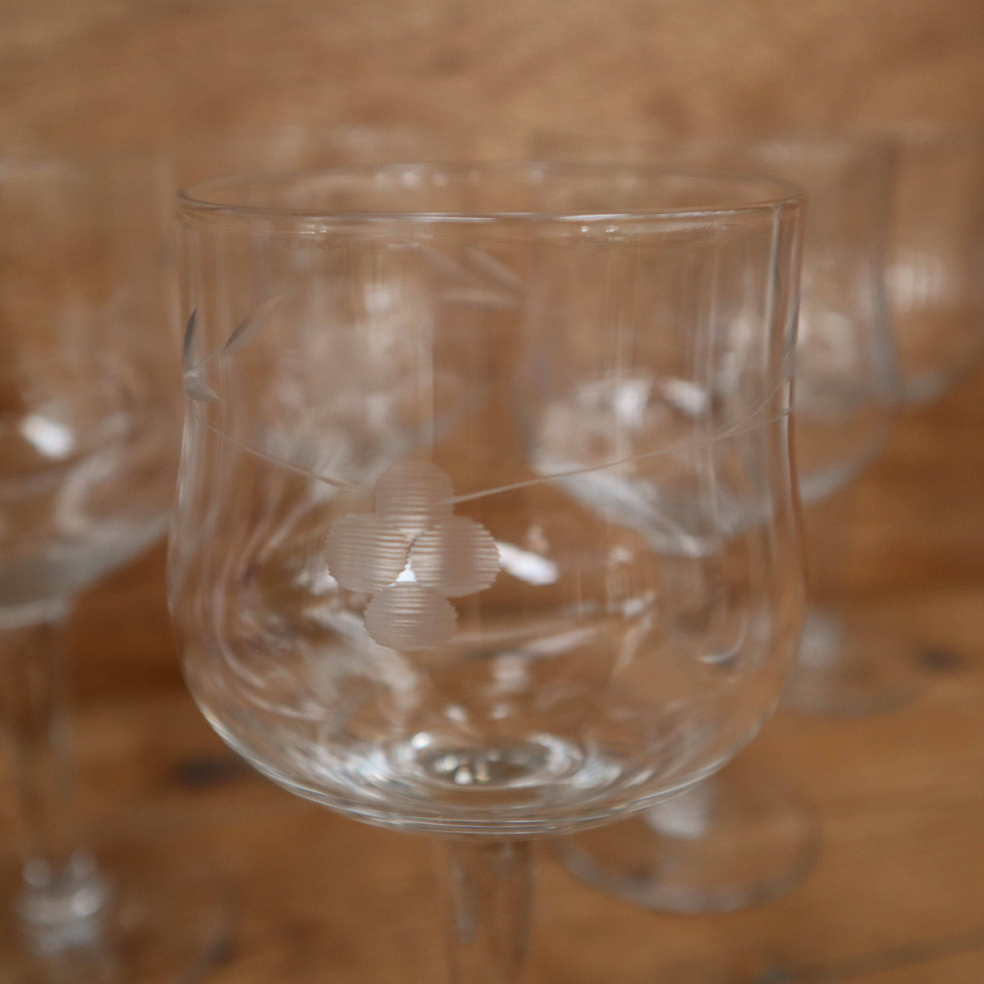 10 antique hand-blown wine glasses engraved with floral decoration
