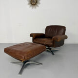 Vintage 70s brown leather ottoman chair design DE SEDE DS-31