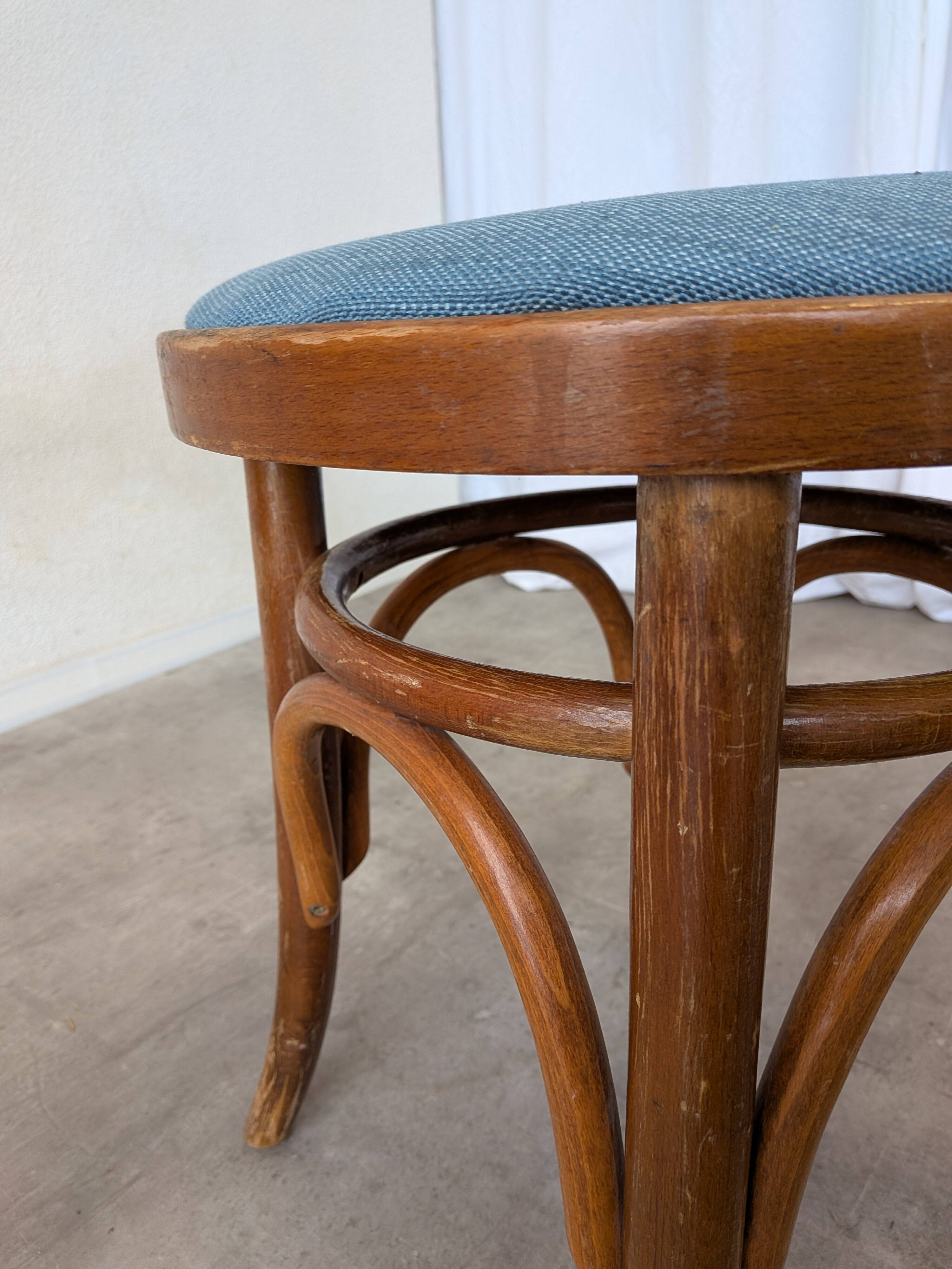 Pair of Vintage Bentwood Stools / Thonet Style / Upholstered Seat in Blue