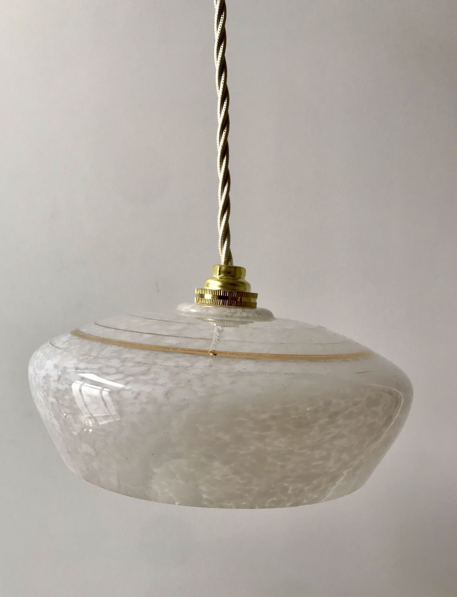 Pair of suspensions in white Clichy glass and golden edging 40s-50s
