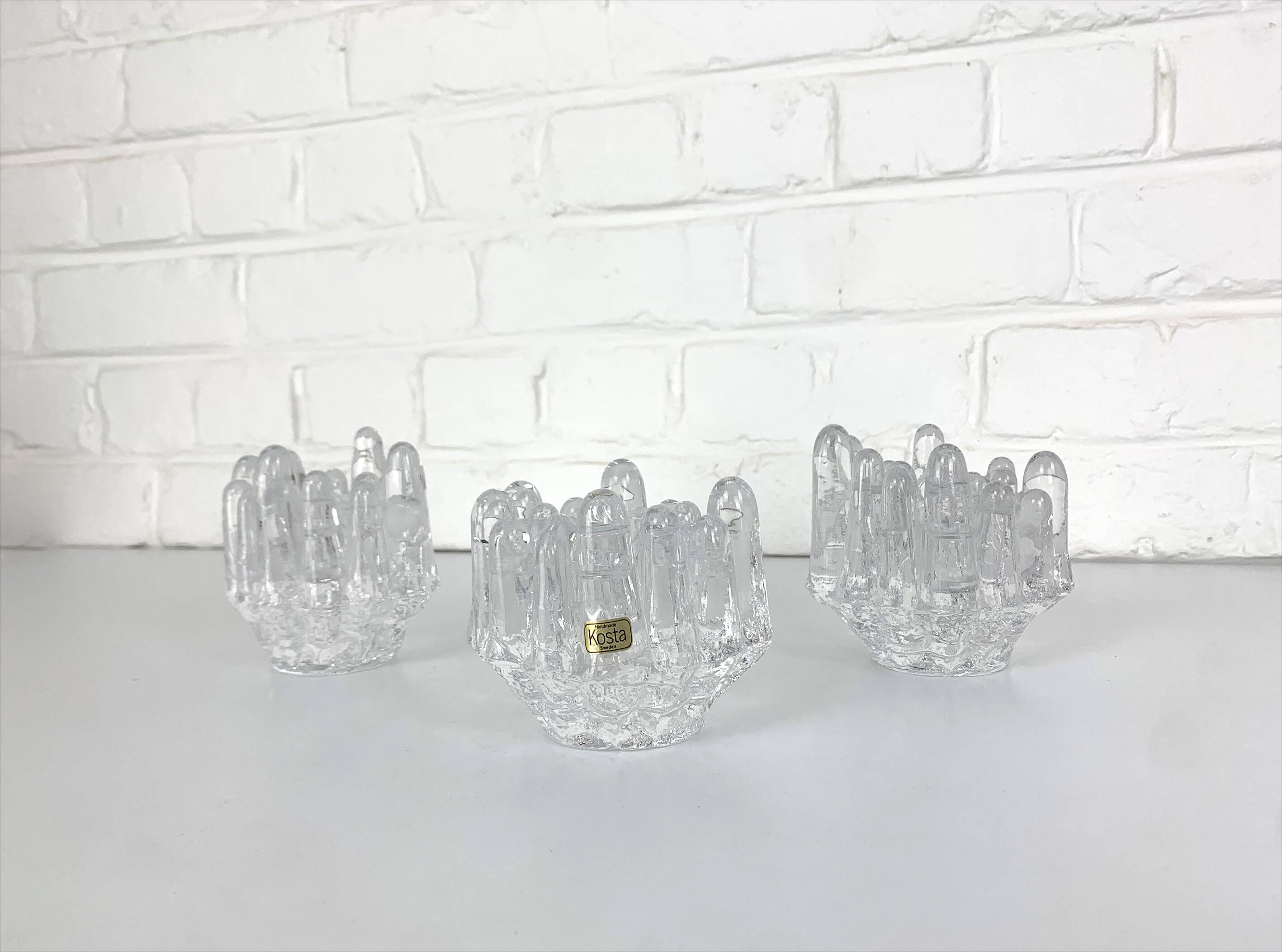 Sunflower Glass Candle Holders, Göran Wärff for Kosta Boda, Sweden, 1970s, Set of 3