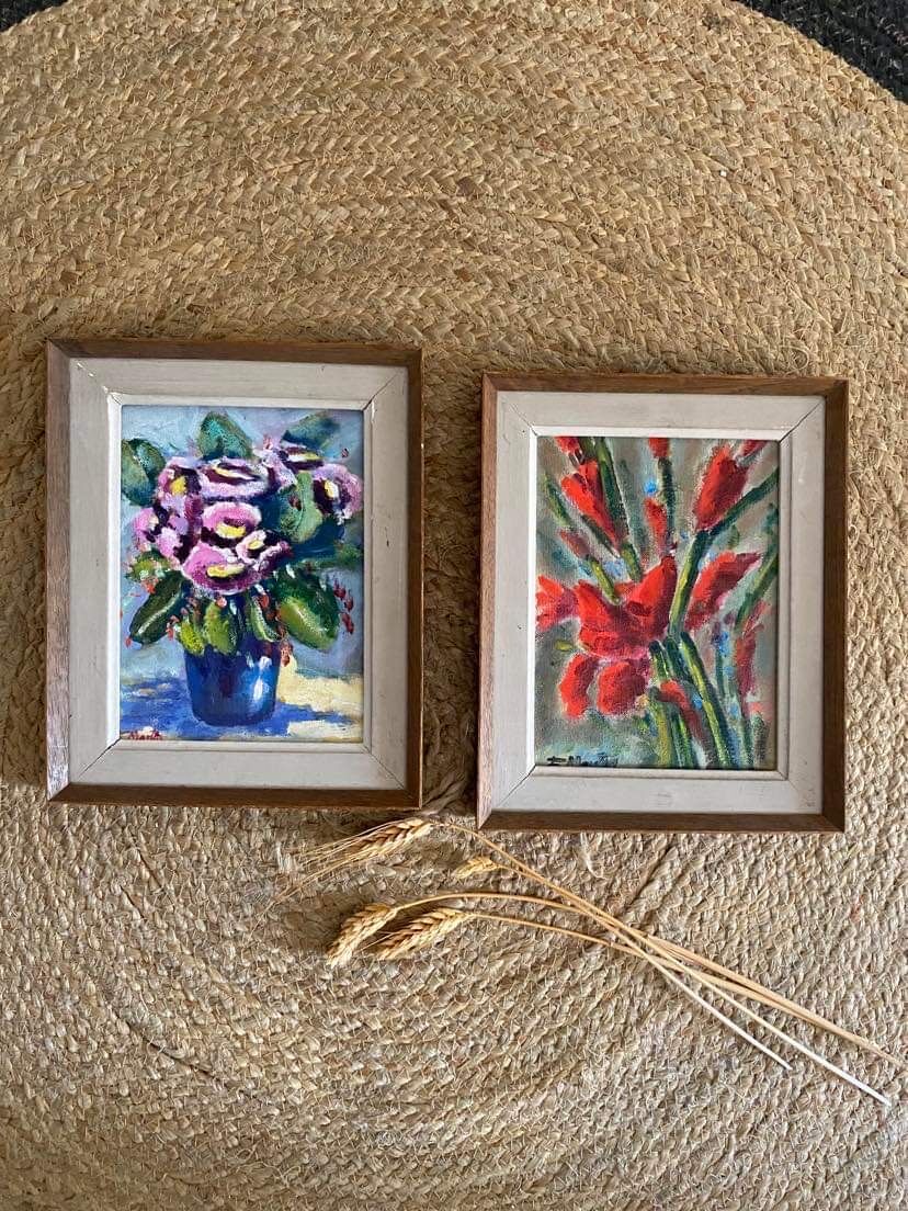 Painting on panel flowers in a vase.