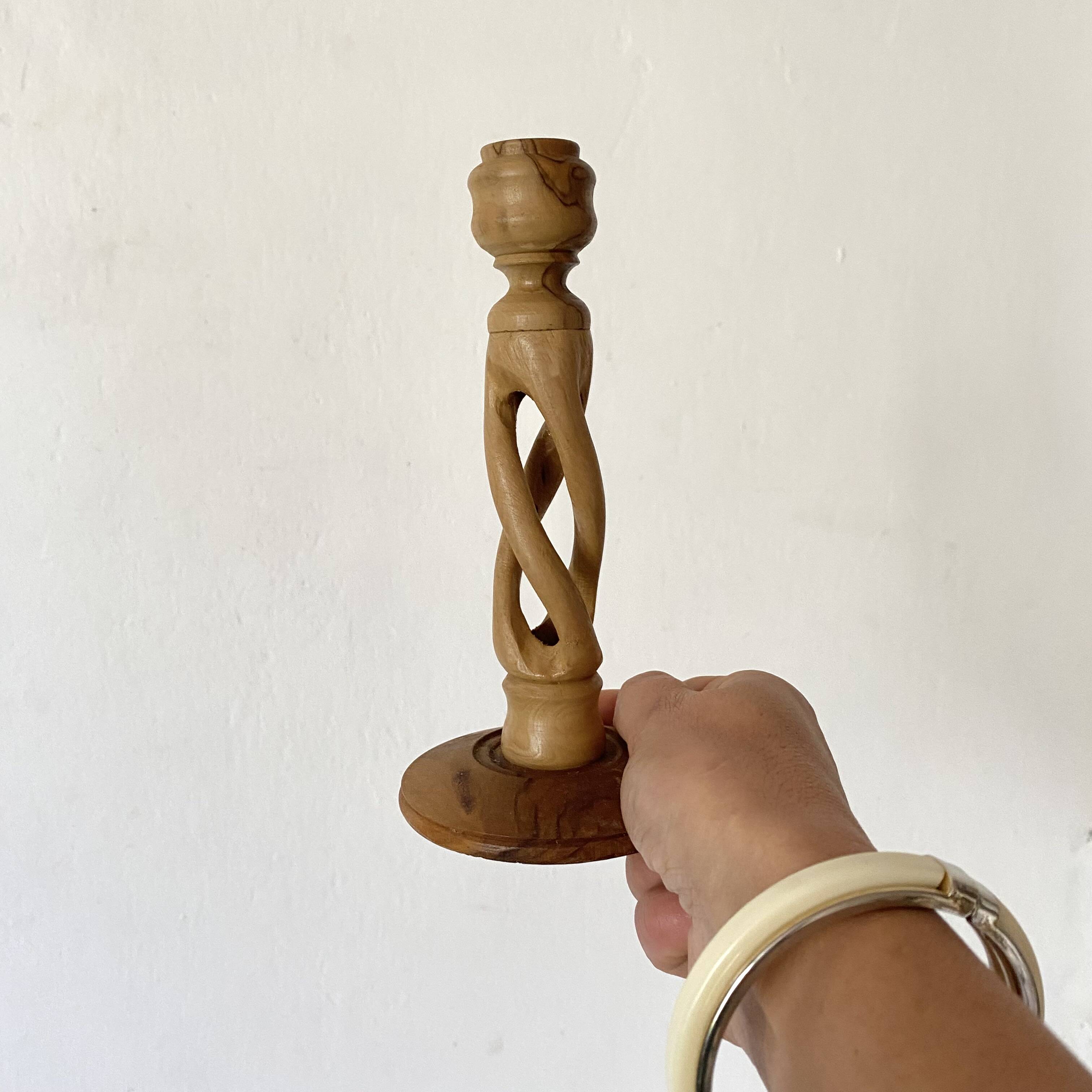 Carved olive wood candle holder