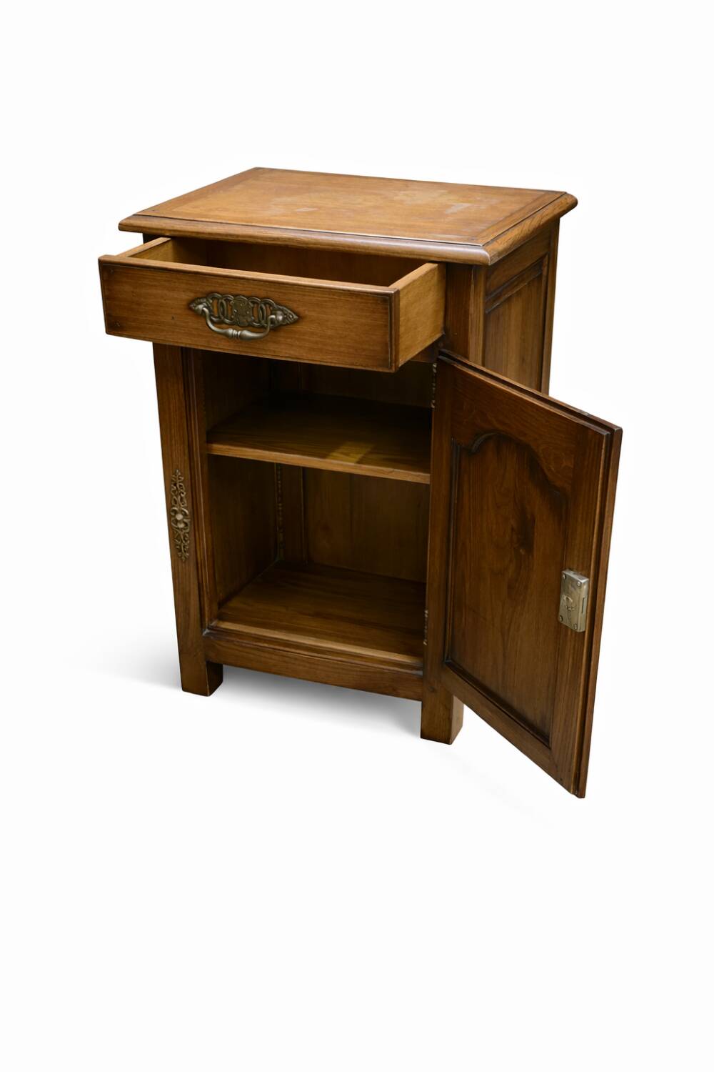 Small antique jam cupboard in solid oak, with one door and one drawer.