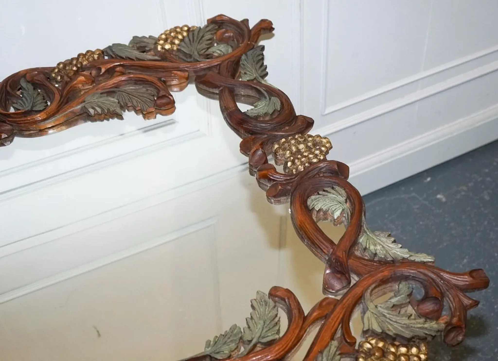 Vintage Black Heavily Carved Wooden Forest Wall Mirror