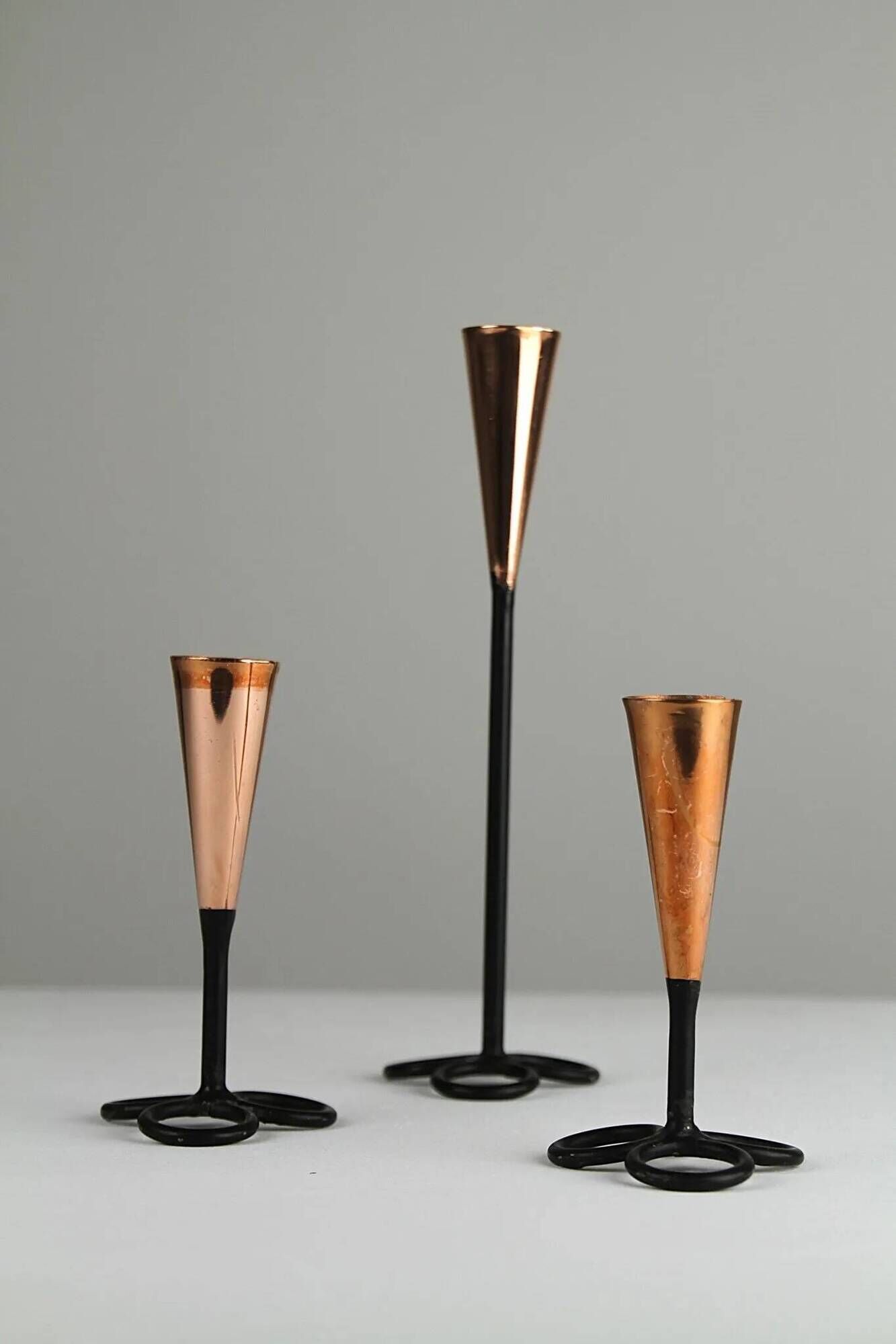 Trio of Black Iron & Copper Candlesticks — Gunnar Ander for Ystad-Metall, Sweden, 1960s