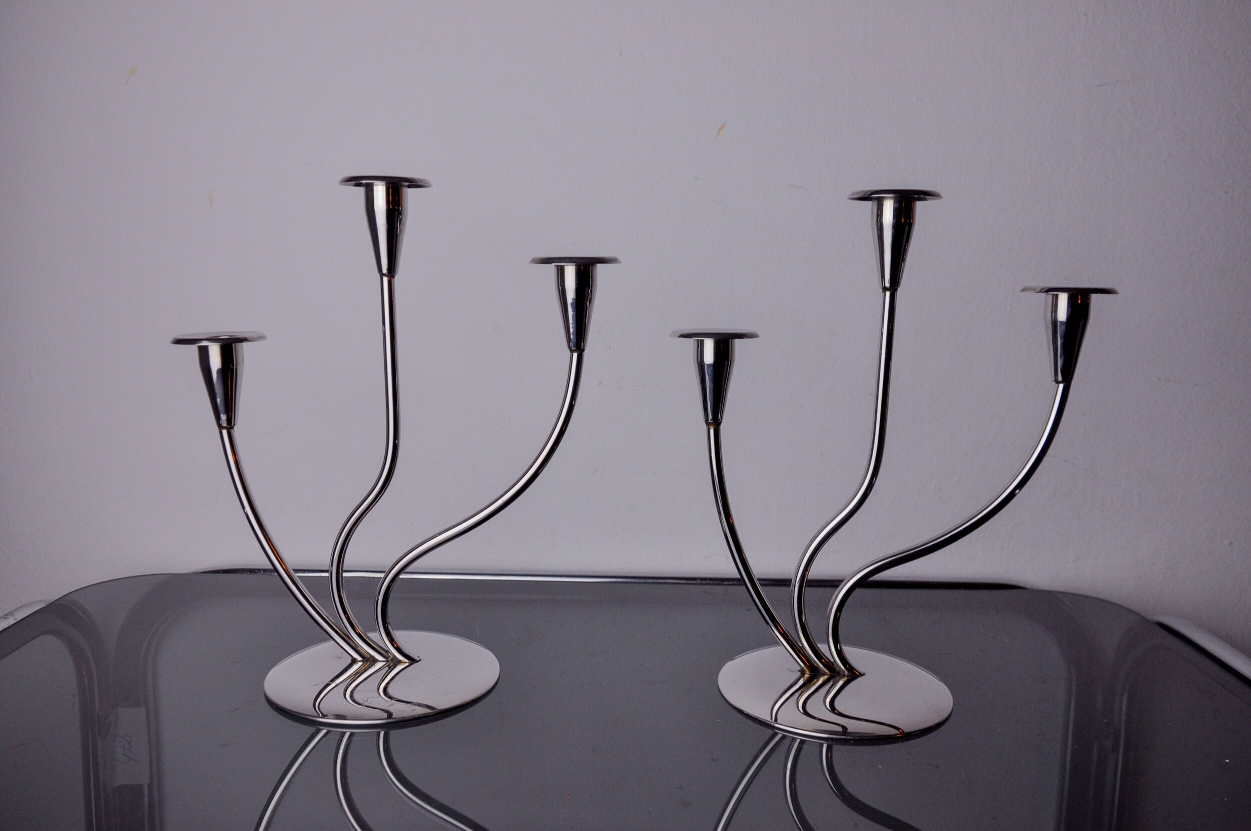 Pair of art deco candlesticks in stainless steel 3 flames, Spain, 1970