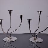 Pair of art deco candlesticks in stainless steel 3 flames, Spain, 1970