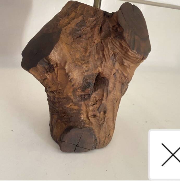 Brutalist wooden lamp, new 2m fabric cable, lampshade.