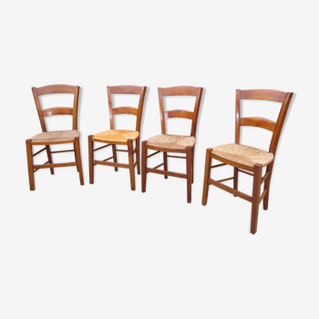 lot de 4 chaises anciennes paillées, en merisier massif