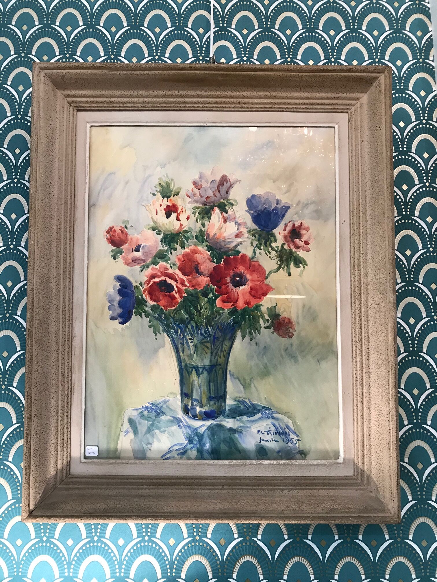 Old painting in watercolour signed by P Le Trividic, the bouquet.