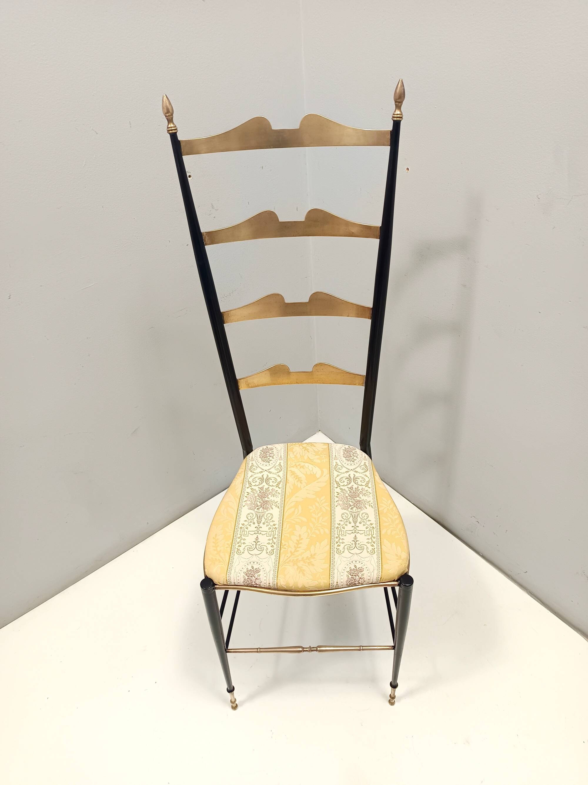 Pair of Vintage Brass and Metal Chiavarine Chairs with Yellow Fabric, Italy