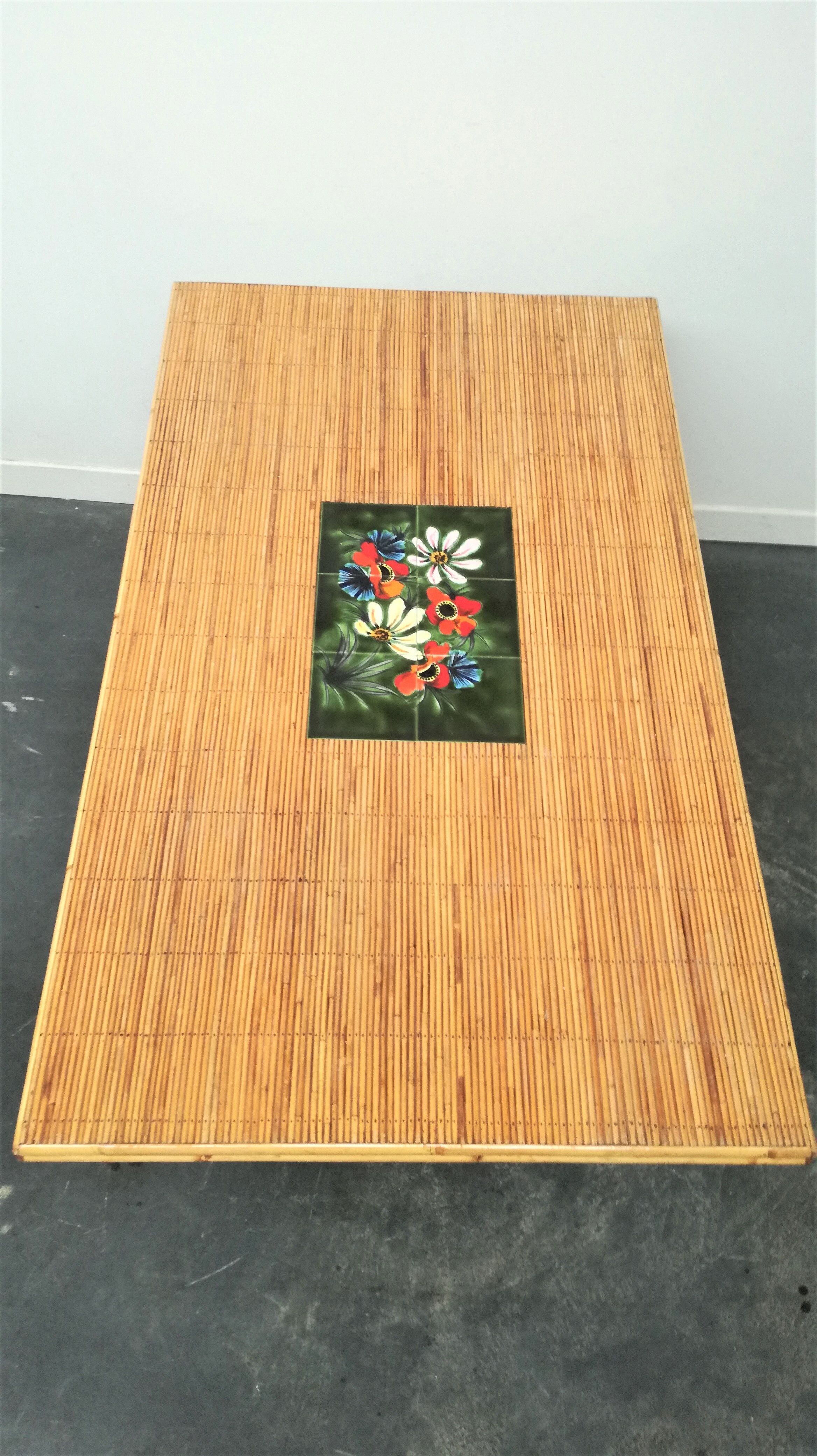 Dining table 1950 Vallauris rattan rush