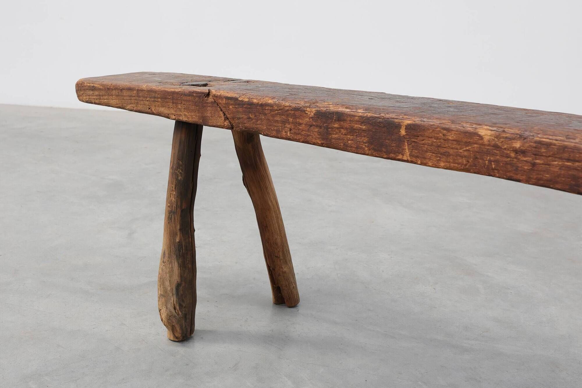 French Primitive Farmhouse Bench with Splayed Legs, 19th Century