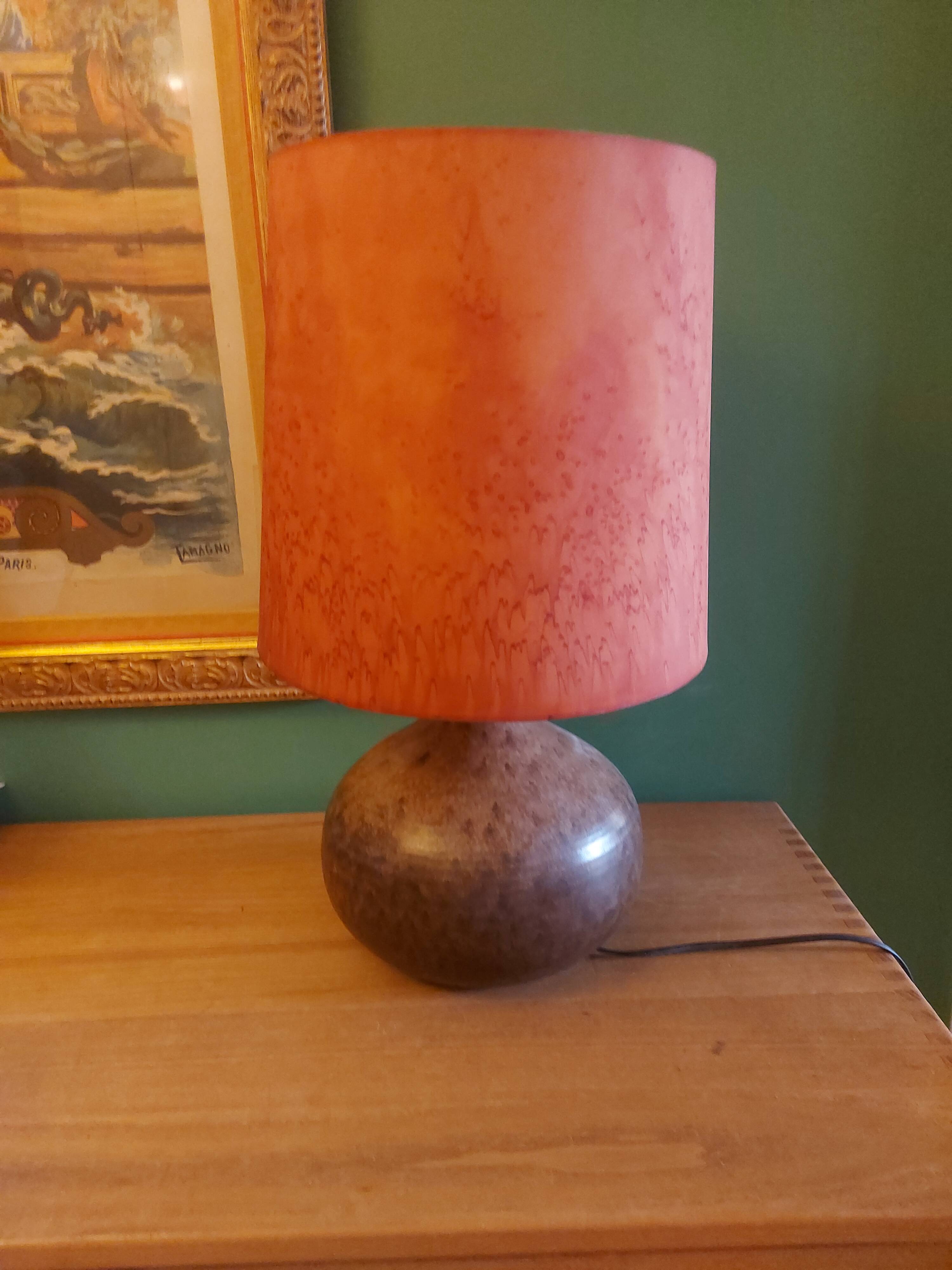 Ceramic (sandstone) lamp from the 50s, 60'S with silk lampshade