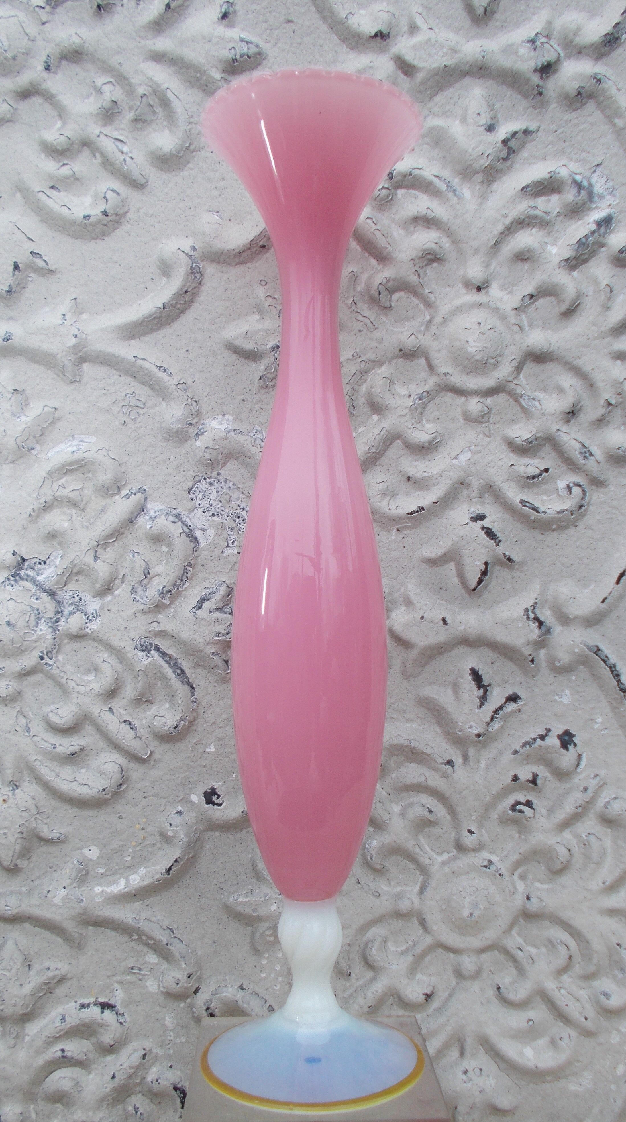Pink opaline soliflore vase with white opalescent foot