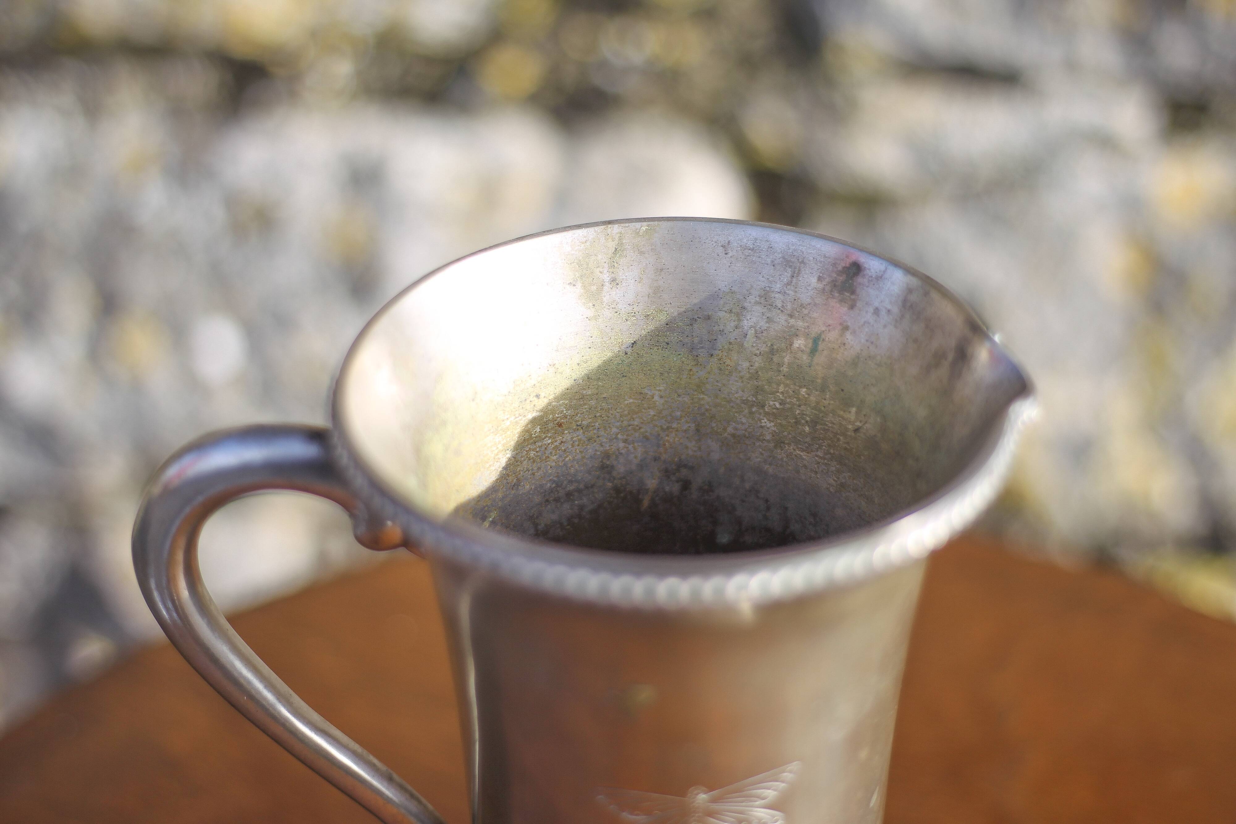 Antique metal carafe, jug, pitcher with handle, engraved dragonfly, collection