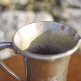 Antique metal carafe, jug, pitcher with handle, engraved dragonfly, collection