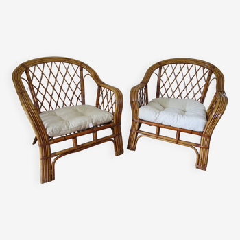 Vintage - set of 2 bamboo and woven rattan armchairs with cushions - natural color - 1980s