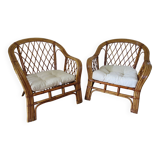 Vintage - lot de 2 fauteuils en bambou et rotin tressé avec coussins- couleur naturel - Années 80