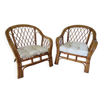 Vintage - set of 2 bamboo and woven rattan armchairs with cushions - natural color - 1980s