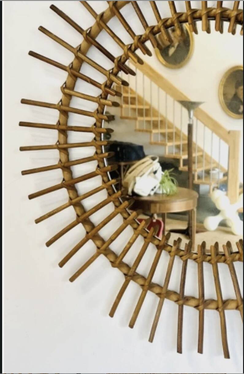 Miroir soleil en rotin tressé, années 60