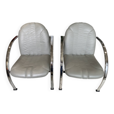 Paire de fauteuils Souvignet plichaise cuir gris chrome 1980