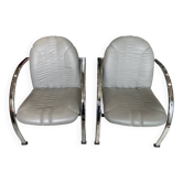 Paire de fauteuils Souvignet plichaise cuir gris chrome 1980