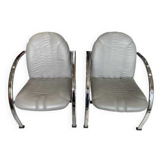 Pair of Souvignet armchairs, grey leather, chrome, 1980.