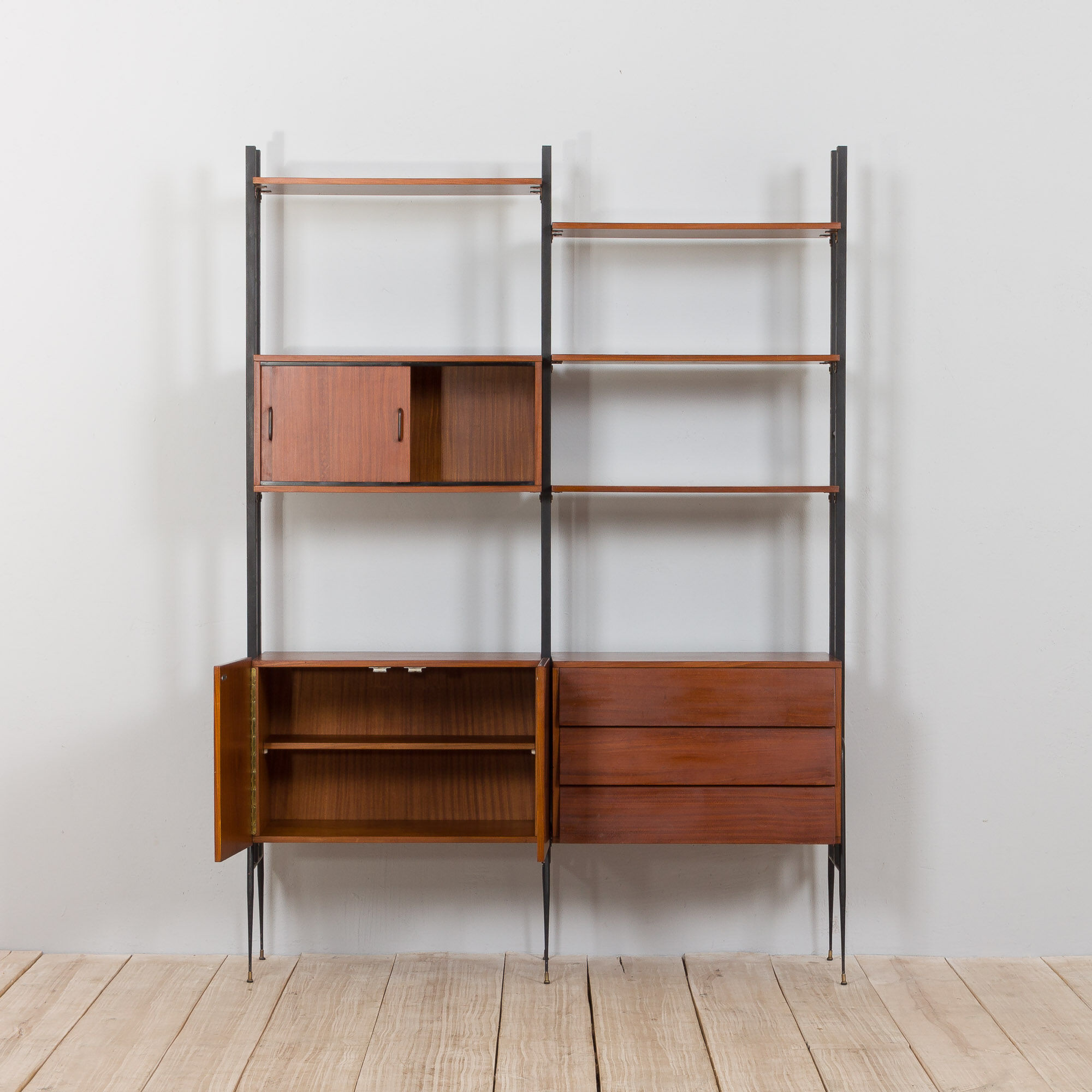 Italian mid century 2 bay teak wall unit free standing, 1960s