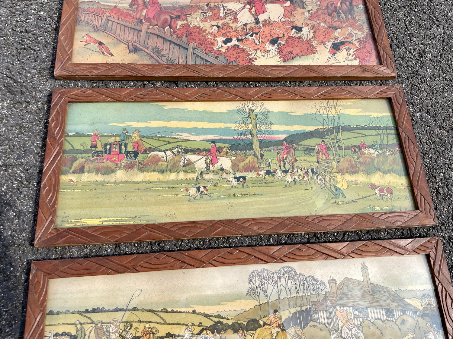 Lot 4 antique prints 1930 art deco signed Harry Eliott hunting scenes