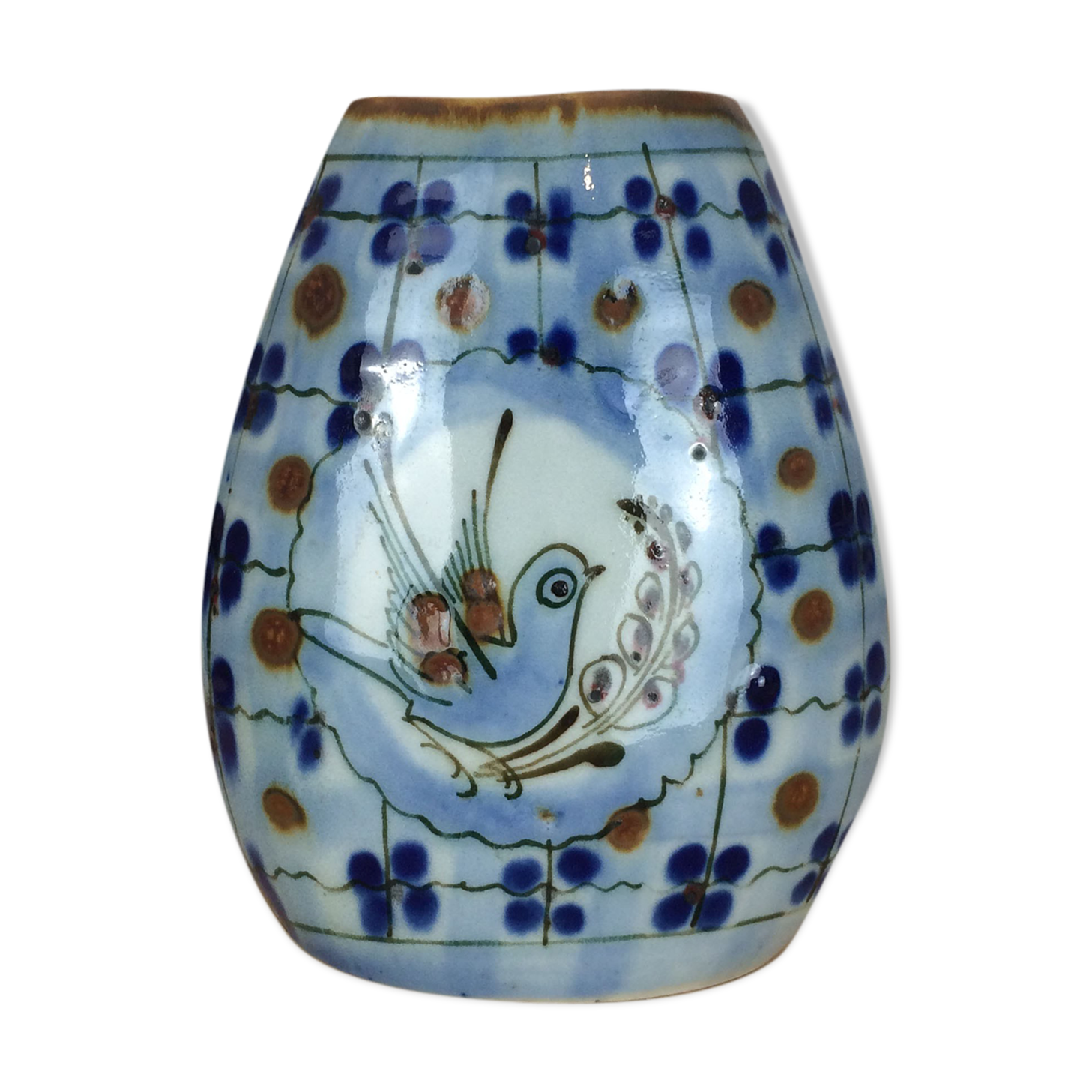 Vintage blue ceramic vase, bird decor