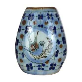 Vase en céramique vintage bleu, décor oiseau