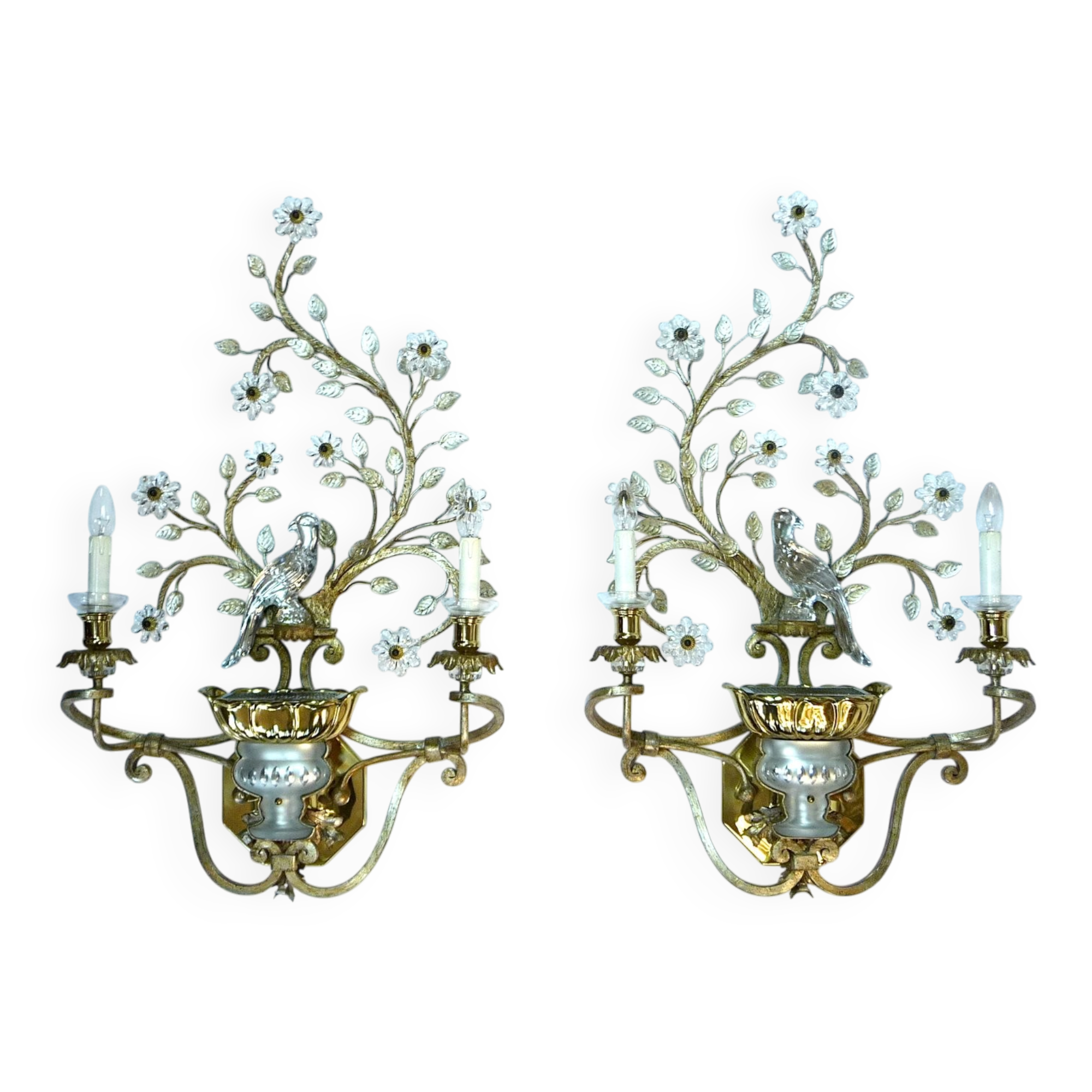 Large Italian gilt metal and crystal glass sconces from Banci Firenze, 1960s, set of 2