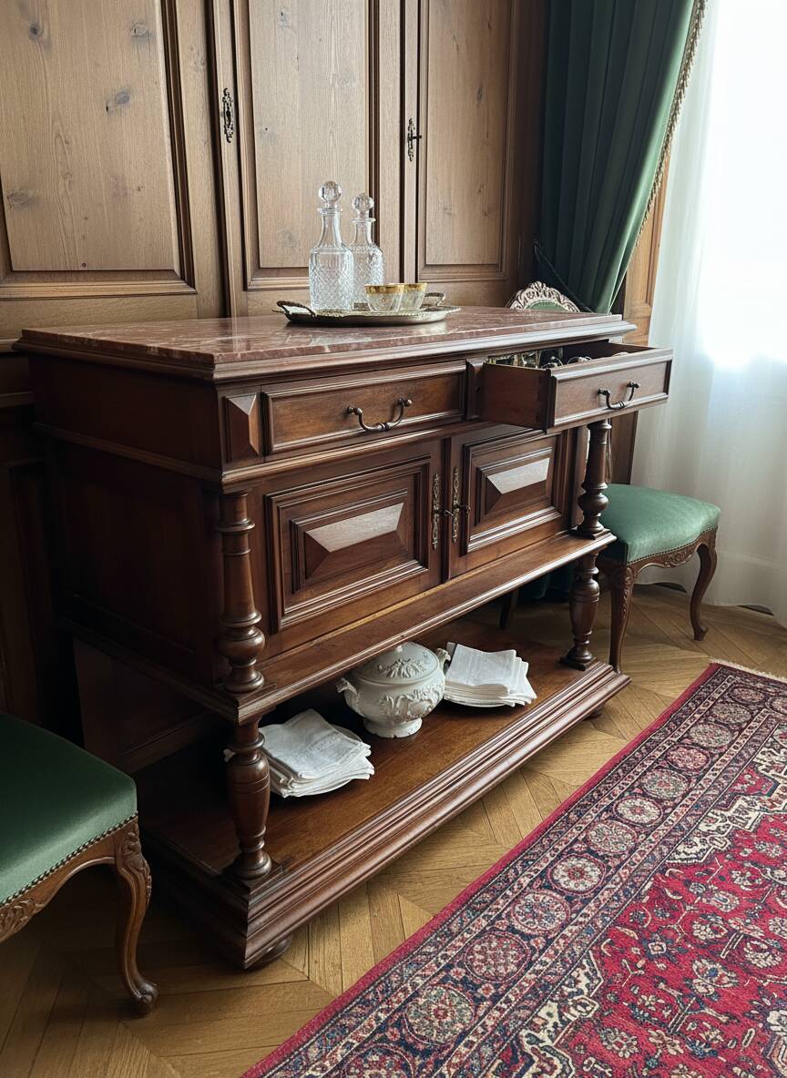 Henri II style console table with a red marble top.