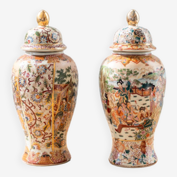 Vases chinois Royal Satsuma en céramique décorée à la main, 1960