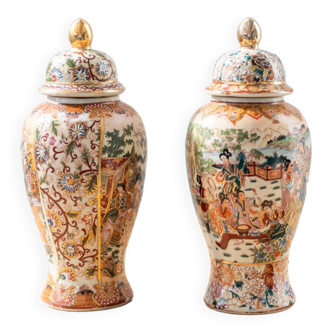 Hand-decorated Royal Satsuma Chinese ceramic vases, 1960