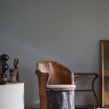 Sculptural brutalist armchair handcrafted in solid pine, Wabi Sabi style, Sweden, 1970s.