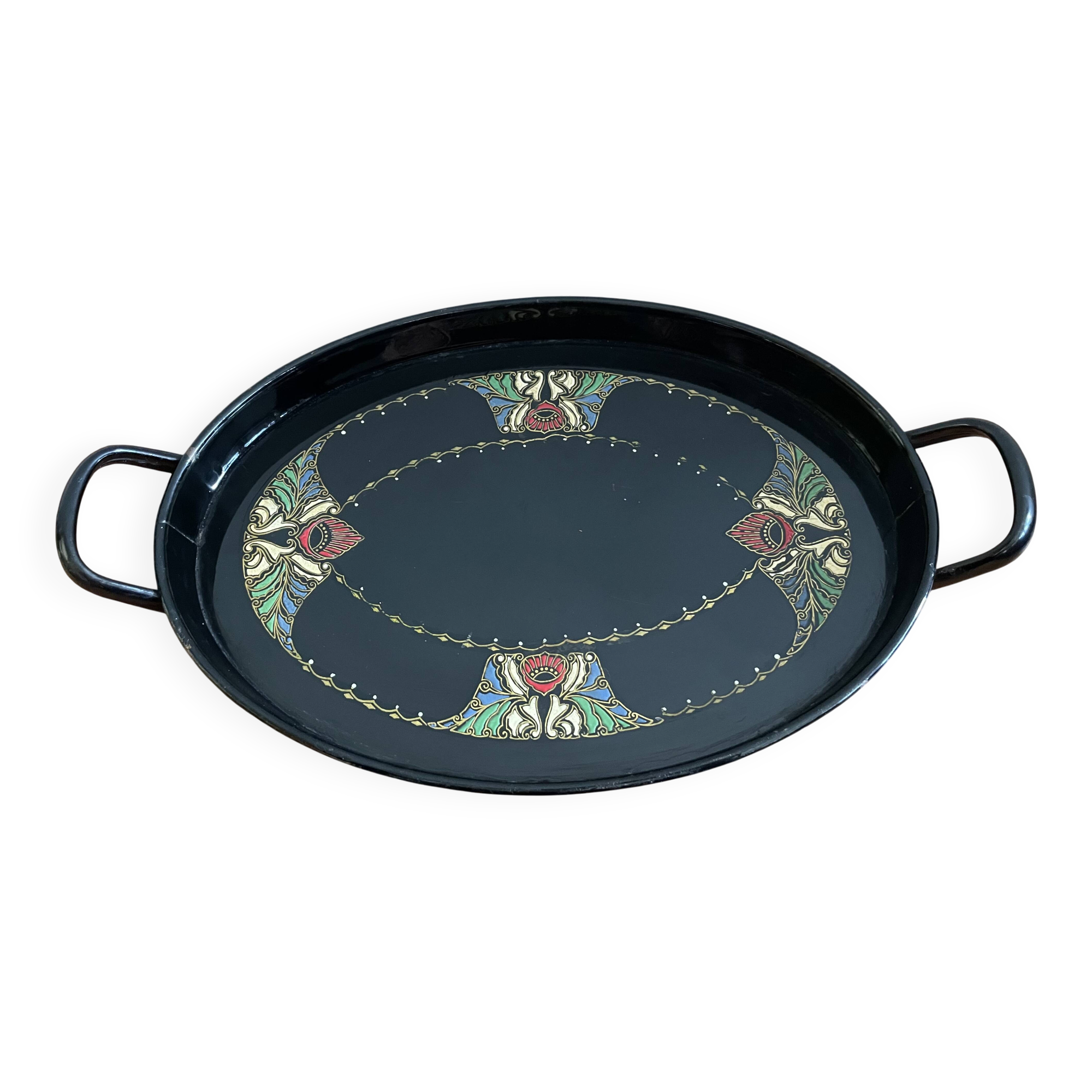 Art Deco black enameled serving tray with decoration